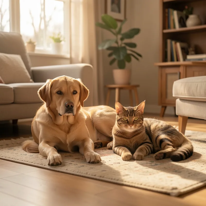 Chien et chat détendus côte à côte dans un salon lumineux à la maison